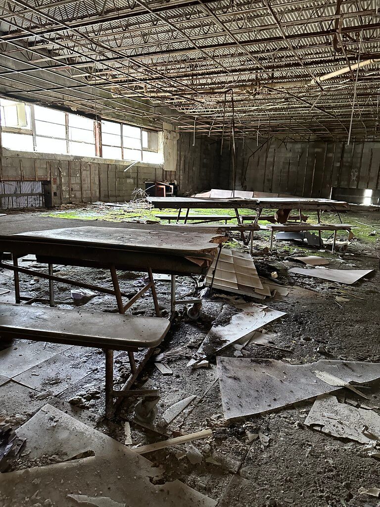 Derelict cafeteria with folding lunch tables on casters; collapsed ceiling grid, debris-strewn floor, and patches of moss.