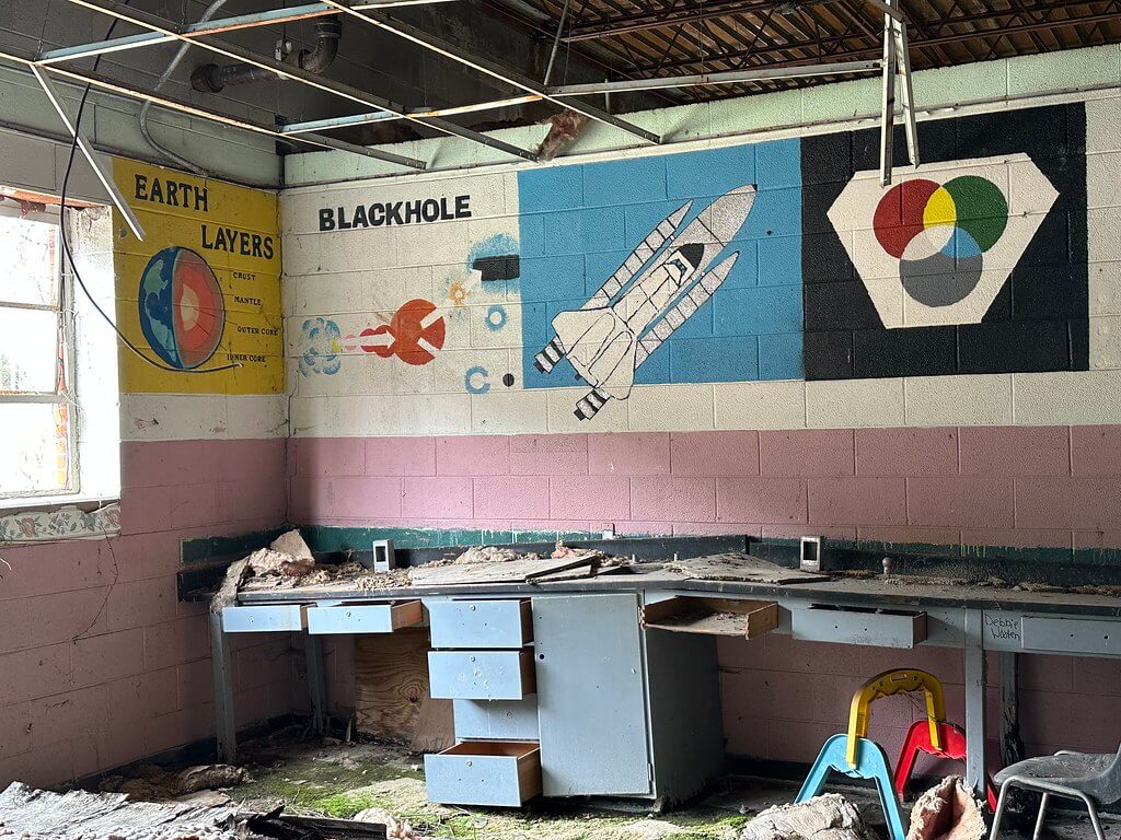 Decaying science room—murals labeled “Earth Layers,” “Blackhole,” a space shuttle, and a color wheel above broken lab desks and drawers.