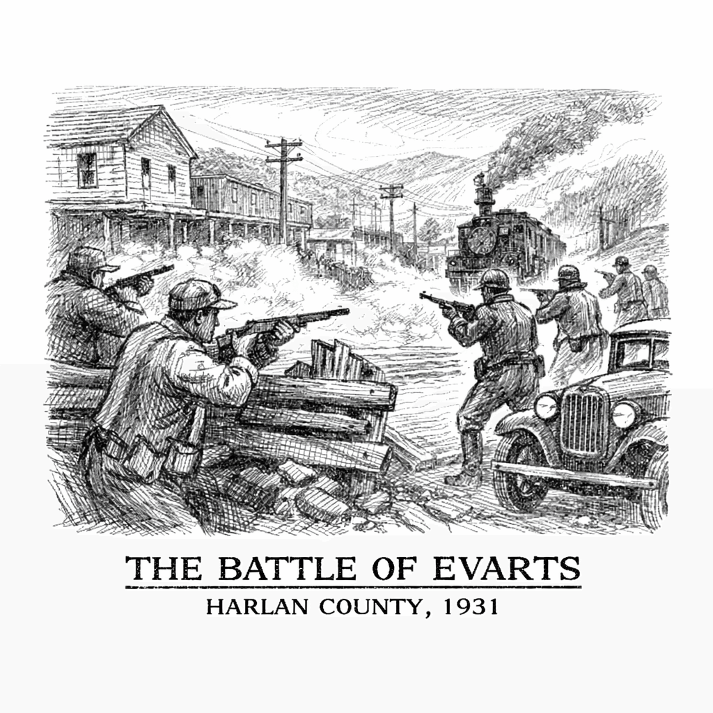 Black-and-white historical sketch depicting armed coal miners and law enforcement exchanging gunfire along a railroad track in Evarts, Harlan County, Kentucky, 1931. A steam locomotive approaches through smoke as men take cover behind wooden barricades and vehicles in a narrow mountain town.
