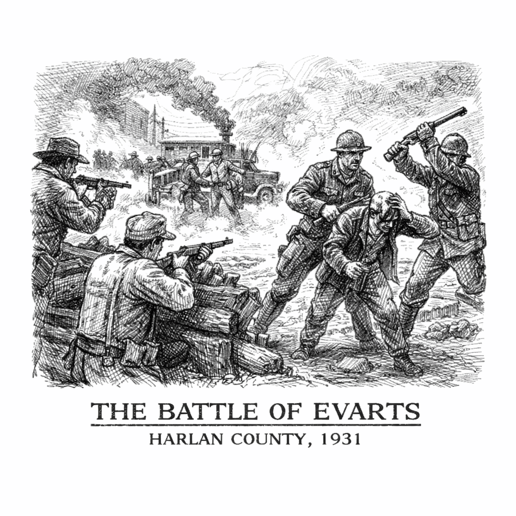 Black-and-white illustrated scene of the Battle of Evarts, Harlan County, Kentucky, 1931, showing state troopers and mine guards confronting striking miners. Armed men crouch behind timber barricades while others advance through smoke and confusion near railroad cars and company buildings.