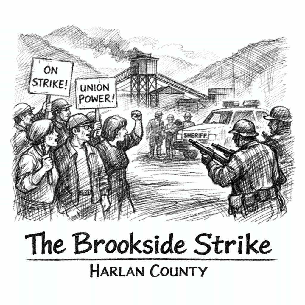 Black and white sketch of the Brookside Strike in Harlan County: women and men miners stand in the foreground holding signs that read ‘ON STRIKE!’ and ‘UNION POWER!’ while a woman raises her fist. Across from them, helmeted sheriff’s deputies with rifles stand in front of police vehicles labeled ‘SHERIFF,’ with a coal tipple and Appalachian mountains in the background. Text below the drawing reads ‘The Brookside Strike – Harlan County.’