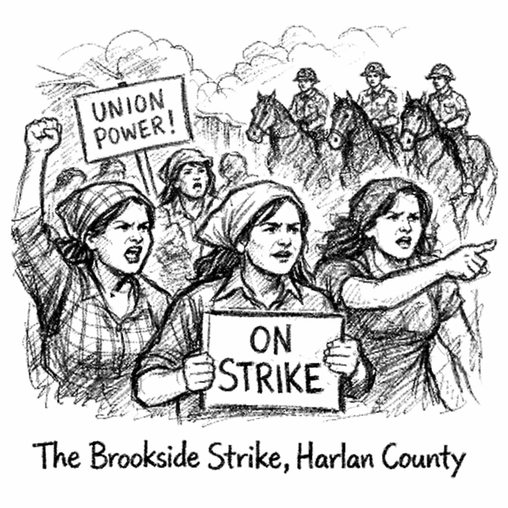 Black and white sketch of women leading a Brookside Strike march in Harlan County: three women in headscarves and work clothes are at the front, one raising a fist, one holding a sign that reads ‘ON STRIKE,’ and another pointing toward a confrontation, with more marchers and a ‘UNION POWER!’ sign behind them. A line of mounted, helmeted officers rides through dust clouds in the background. Text below the drawing reads ‘The Brookside Strike, Harlan County.'