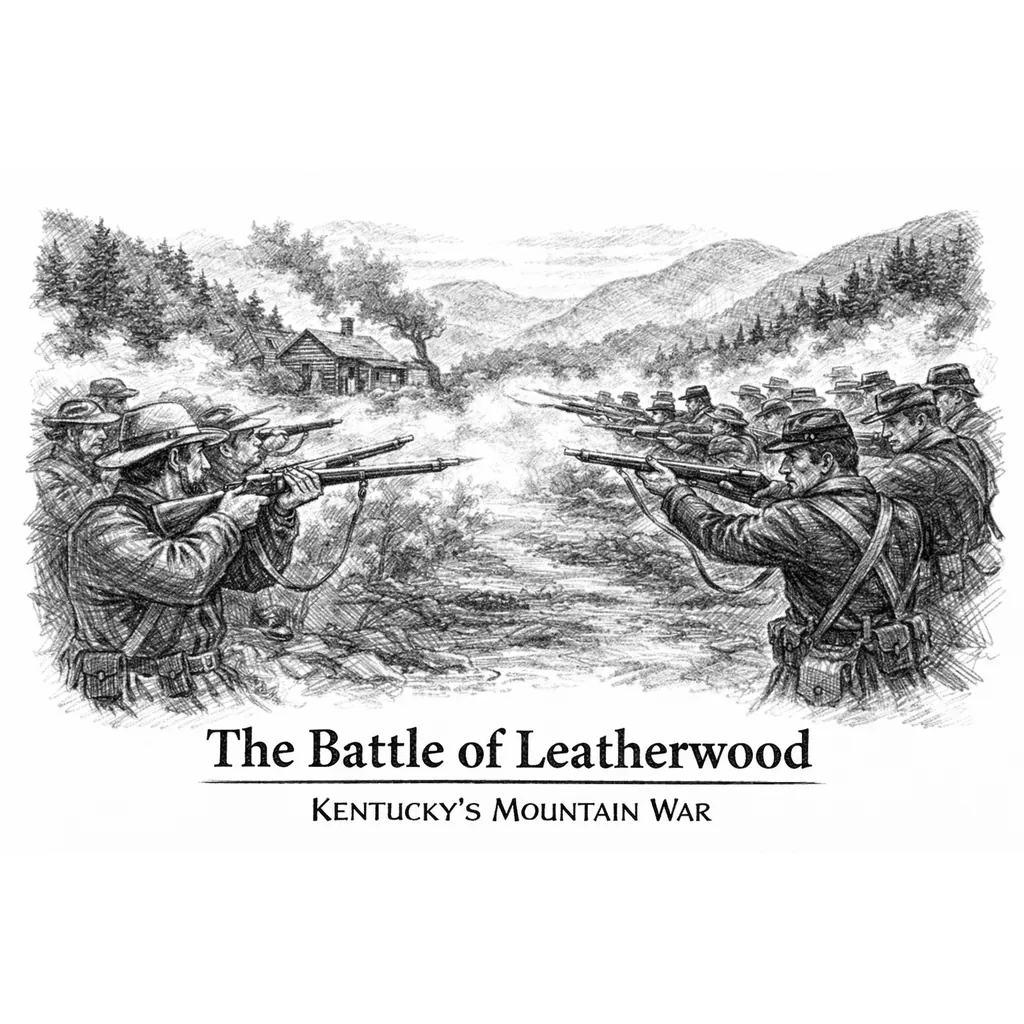 Black-and-white pencil-style illustration of Civil War soldiers exchanging rifle fire in Kentucky’s mountains, titled “The Battle of Leatherwood” with the subtitle “Kentucky’s Mountain War.”