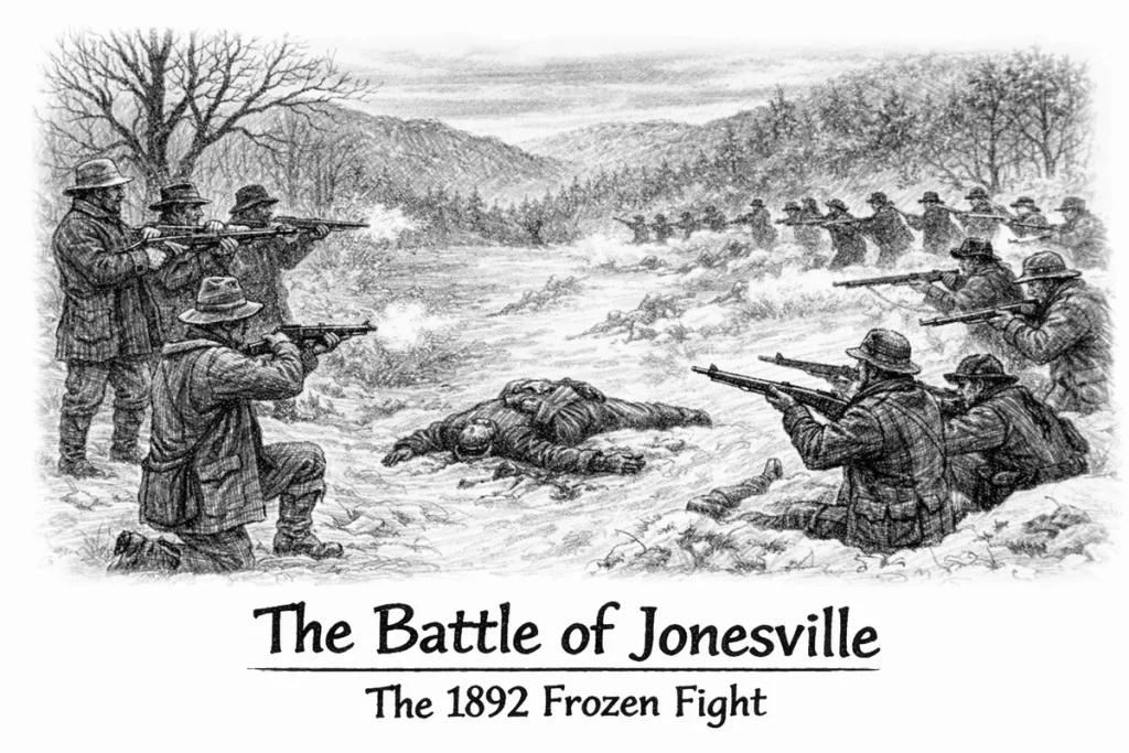 Black-and-white pencil-style illustration of the Battle of Jonesville in winter, with riflemen firing across a snowy hollow and a fallen soldier in the foreground.