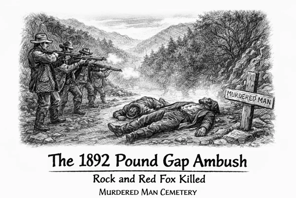Black-and-white pencil sketch of the 1892 Pound Gap ambush: armed men fire in a mountain pass as two victims lie on the road beside a “Murdered Man” cemetery marker, with the title below.