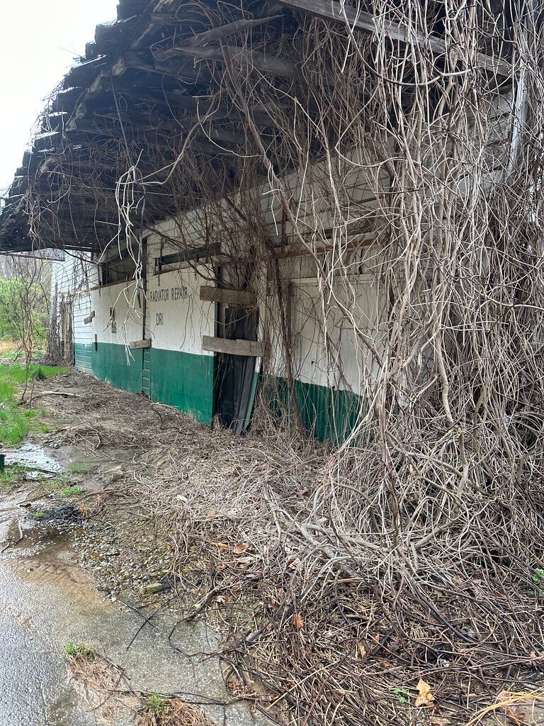 Front of the abandoned Smith Garage with a sagging roof and heavy dead vines; boarded door on a green-and-white wall; wet, debris-strewn concrete.