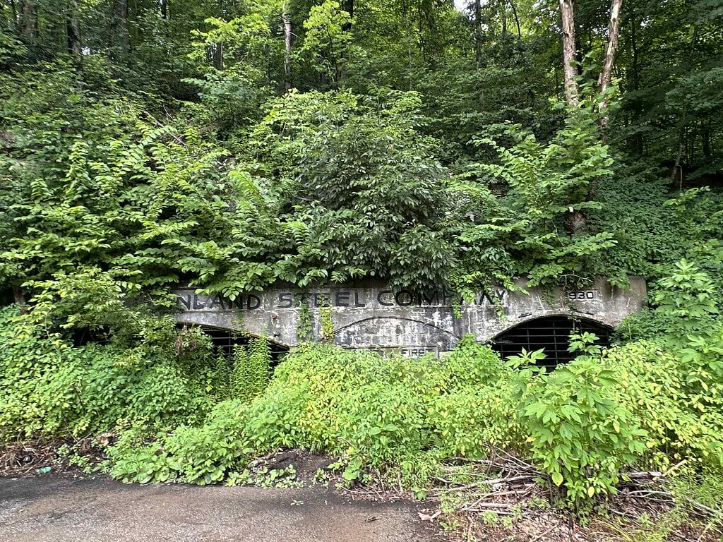Inland Steel Company 1930 concrete mine portal in Wheelwright with twin barred openings almost hidden by vegetation.