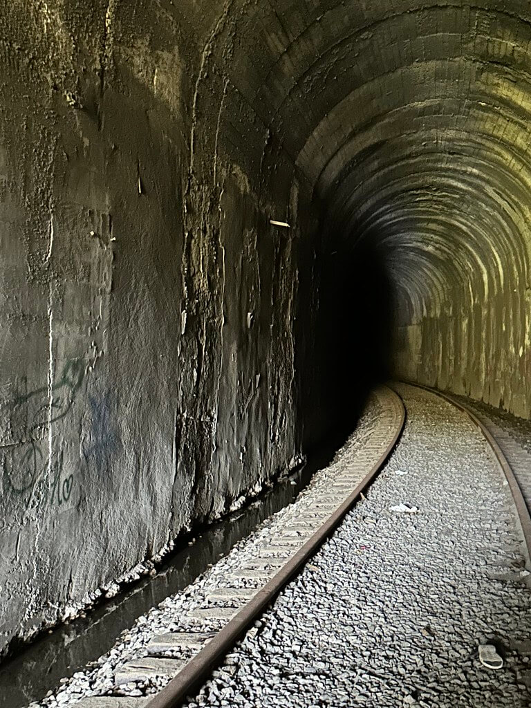 Inside one of the Dunraven Twin Tunnels, a curved track follows a brick and concrete lined bore with a wet drainage channel.