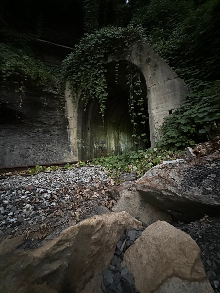 Kudzu draped concrete portal of the second Tunnel Hill bore at Dunraven near Hazard, with rock and ballast in the dusk foreground.
