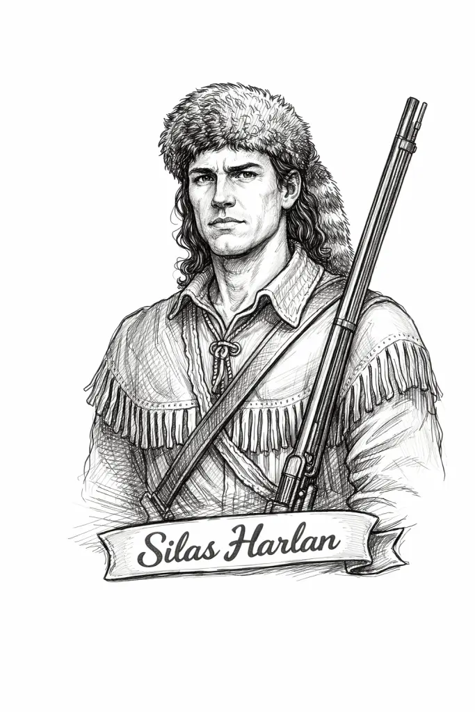 Black-and-white sketch of frontier soldier Silas Harlan wearing a fur cap and fringed hunting shirt, holding a long rifle, with a banner below that reads “Silas Harlan.”