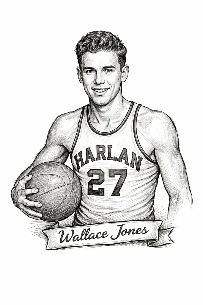 Pencil sketch of Wallace “Wah Wah” Jones in Harlan #27 jersey holding a basketball.