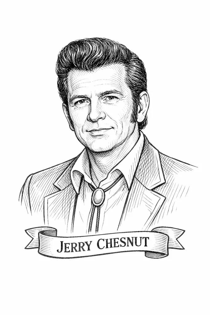 Black-and-white vintage pencil/engraving-style portrait of country singer Jerry Chesnut, shown chest-up in a western jacket with a bolo tie on a plain white background, with a ribbon banner below reading “JERRY CHESNUT.”