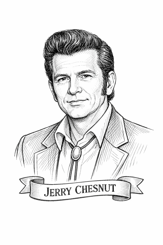 Black-and-white vintage pencil/engraving-style portrait of country singer Jerry Chesnut, shown chest-up in a western jacket with a bolo tie on a plain white background, with a ribbon banner below reading “JERRY CHESNUT.”