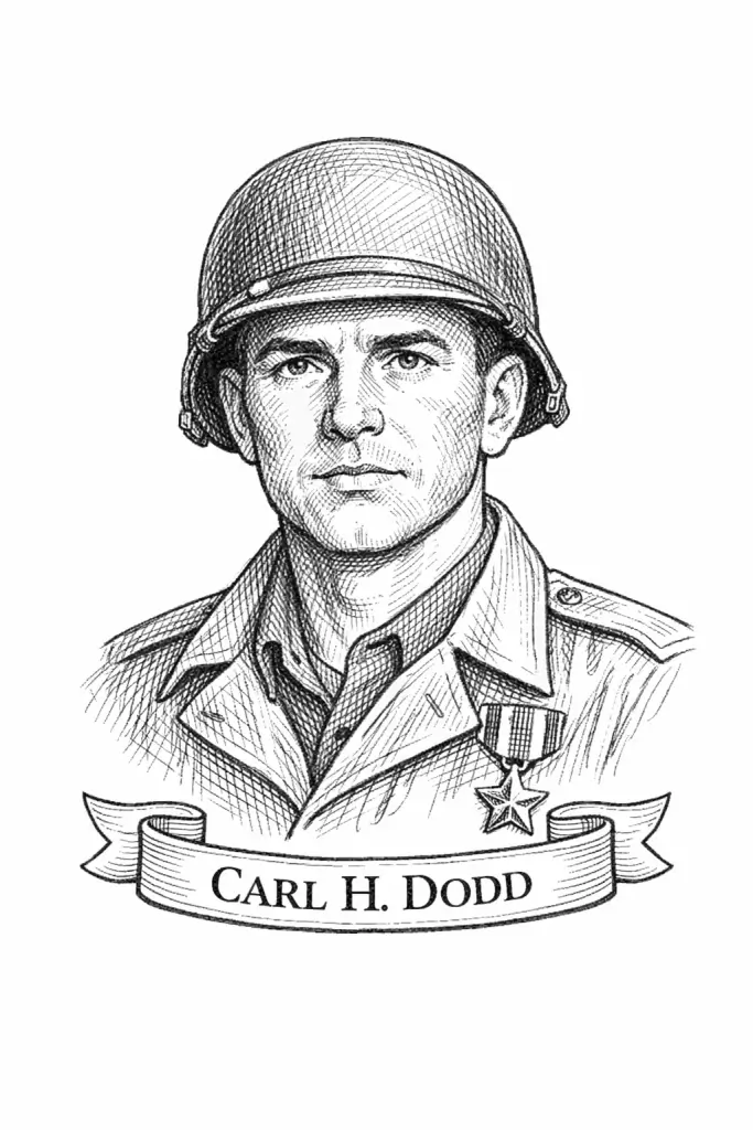 Carl H. Dodd black-and-white pencil sketch portrait, chest-up and centered, wearing a Korean War-era U.S. Army helmet and field jacket with subtle medal detail, drawn in clean graphite linework with light cross-hatching on a plain white background, with a ribbon banner at the bottom reading “CARL H. DODD”.