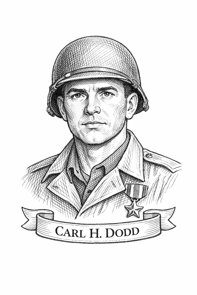 Carl H. Dodd black-and-white pencil sketch portrait, chest-up and centered, wearing a Korean War-era U.S. Army helmet and field jacket with subtle medal detail, drawn in clean graphite linework with light cross-hatching on a plain white background, with a ribbon banner at the bottom reading “CARL H. DODD”.