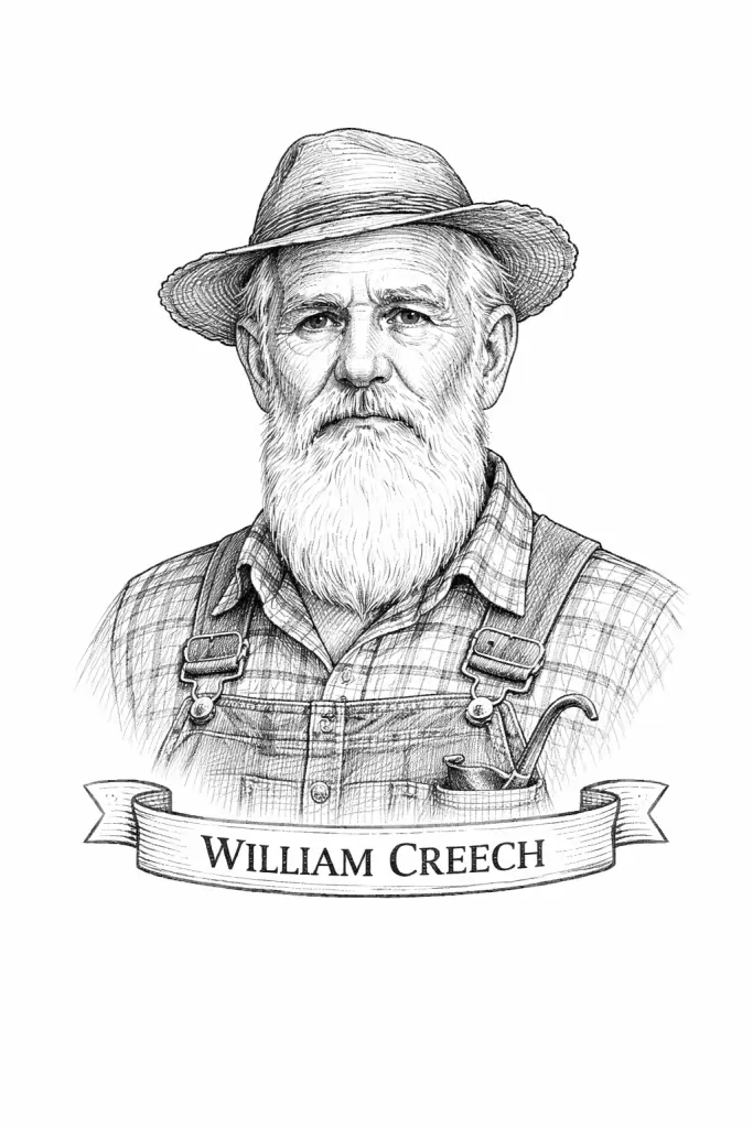 William Creech pencil sketch portrait in country clothes with long beard, straw hat, and “WILLIAM CREECH” banner.