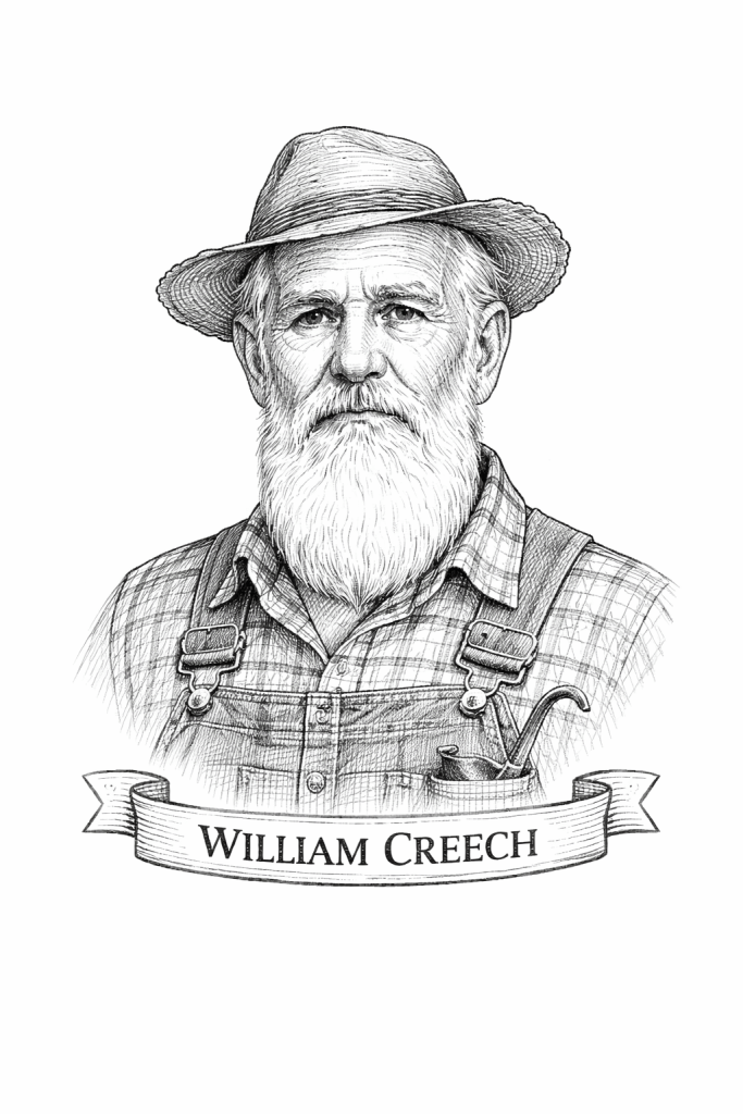 William Creech pencil sketch portrait in country clothes with long beard, straw hat, and “WILLIAM CREECH” banner.