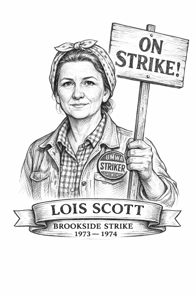 Lois Scott, a Brookside strike organizer in Harlan County, Kentucky, shown in a black-and-white vintage pencil sketch holding an “ON STRIKE!” sign, with a ribbon banner reading “LOIS SCOTT” and “BROOKSIDE STRIKE 1973–1974.”