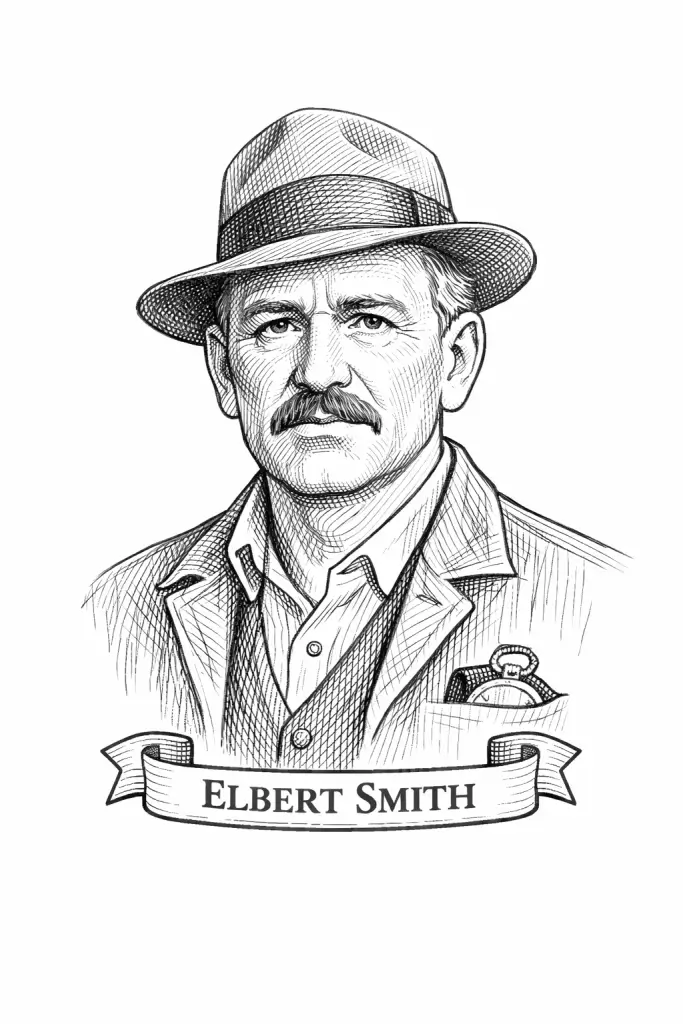 Elbert Smith black-and-white pencil sketch portrait with vintage engraving-style linework and light cross-hatching, chest-up on a plain white background, wearing a fedora and jacket, with a ribbon banner reading “ELBERT SMITH” at the bottom.
