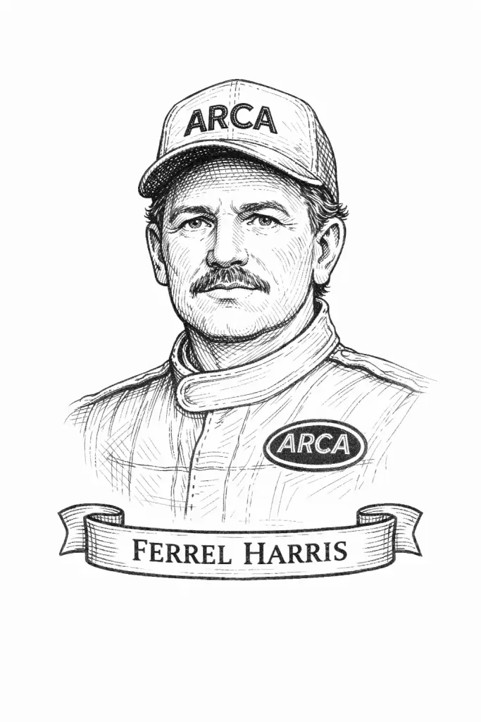 Black-and-white pencil sketch portrait of Ferrel Harris, Pikeville (Pike County, Kentucky), chest-up in a vintage engraved style with light cross-hatching on a plain white background, wearing period racing attire, with a ribbon banner beneath reading “Ferrel Harris”.