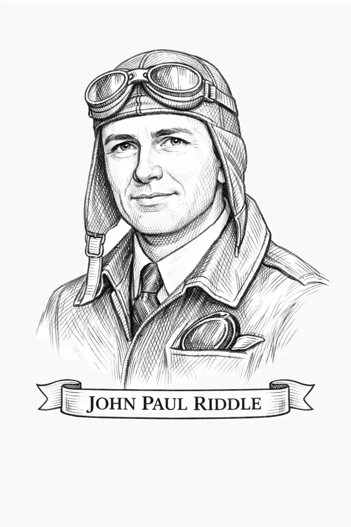 Black-and-white pencil sketch, vintage engraving style, chest-up portrait of John Paul Riddle wearing a leather aviator helmet with goggles and a flight jacket over shirt and tie on a plain white background; a ribbon banner at the bottom reads “JOHN PAUL RIDDLE.”