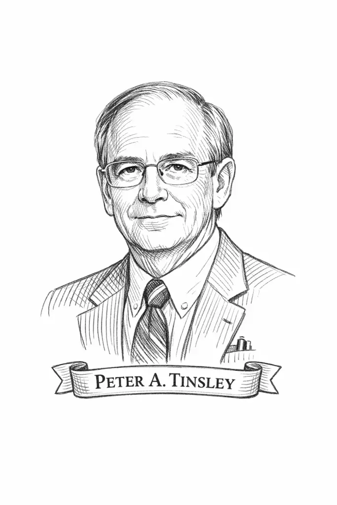 Chest-up black-and-white engraved pencil portrait of Peter A. Tinsley wearing a suit and tie, labeled “Peter A. Tinsley.”