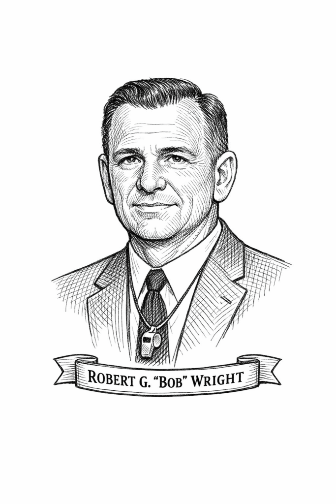 Black-and-white pencil sketch portrait of Robert G. “Bob” Wright, chest-up and centered on a plain white background, with clean graphite linework and light cross-hatching. He wears a suit and tie with a small whistle, and a ribbon banner beneath reads “ROBERT G. ‘BOB’ WRIGHT”.