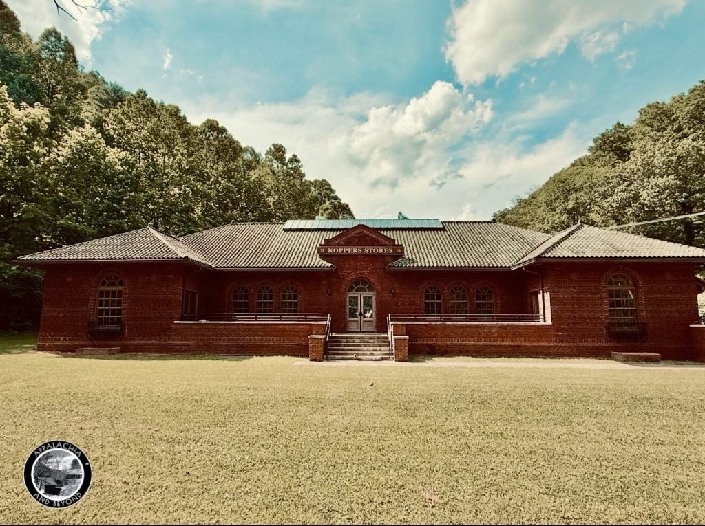 Front elevation of the Houston Coal Company Store, later Koppers Stores, brick Renaissance Revival building at Carswell Hollow in Kimball, West Virginia.