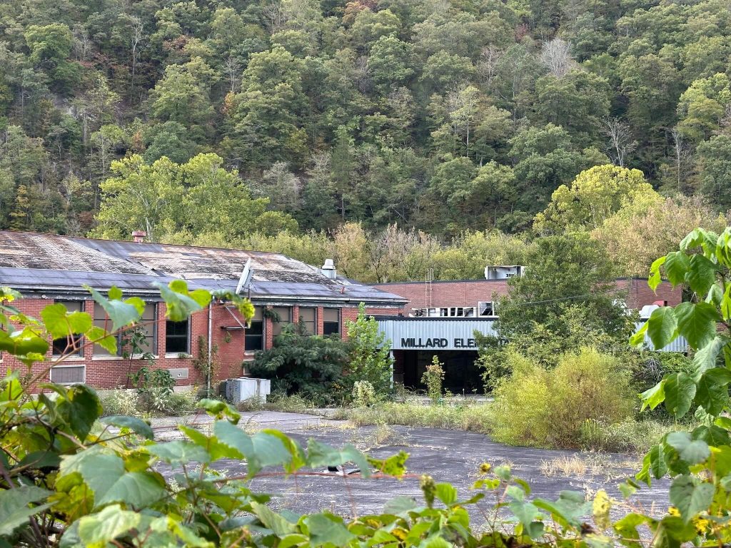 Closer, partially obscured view of the abandoned Millard Elementary School framed by green leaves in the foreground. The red brick classroom wing with a deteriorating metal roof and broken windows stretches across the scene, leading to the entrance canopy where the words “Millard Elementary School” are still readable. Trees and brush are reclaiming the edges of the building and the cracked pavement, with a densely wooded mountain rising behind it.