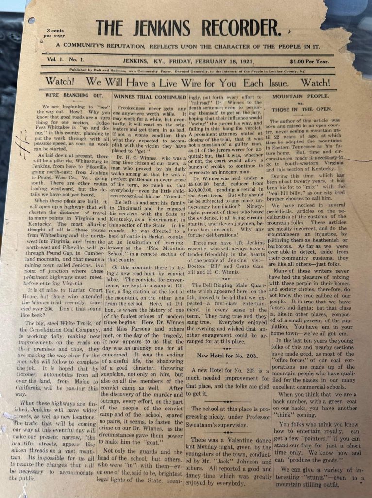 Front page of The Jenkins Recorder (Vol. 1, No. 1), dated Friday, February 18, 1921, with the banner headline: “Watch! We Will Have a Live Wire for You Each Issue. Watch!”