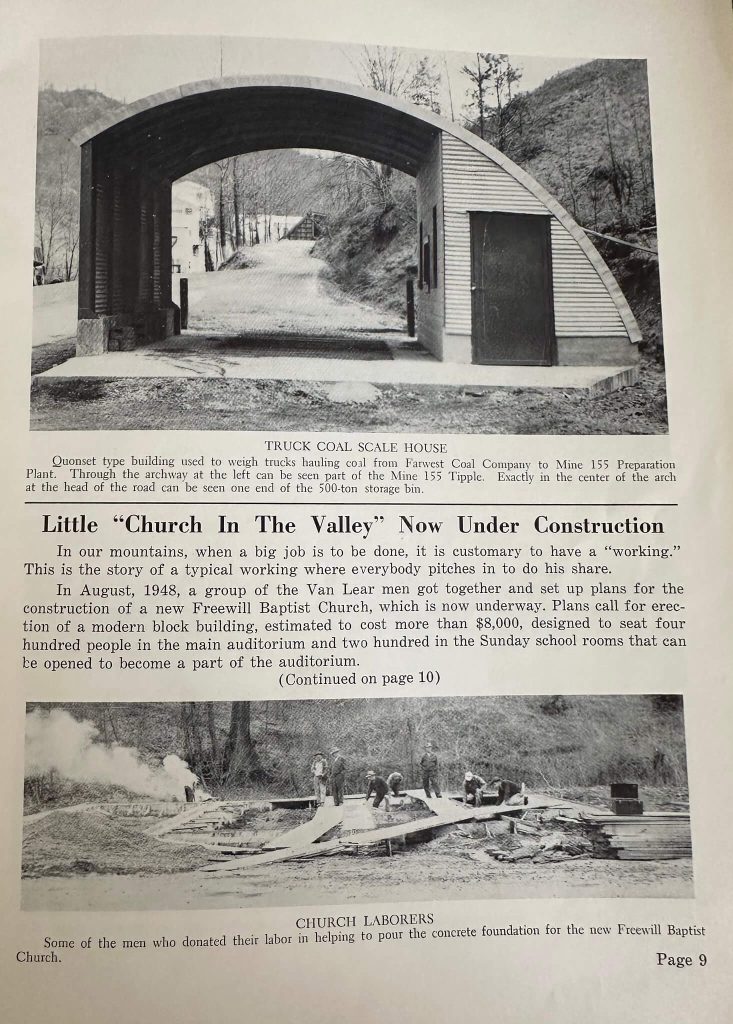 Black-and-white magazine page featuring a “Truck Coal Scale House” photo and an article titled “Little ‘Church In The Valley’ Now Under Construction,” with a “Church Laborers” foundation-pouring photo (page 9).
