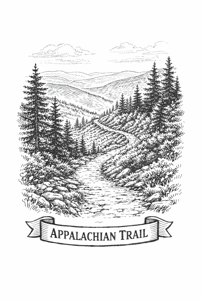 Black-and-white pencil sketch of the Appalachian Trail winding through an Appalachian mountain ridge, with evergreen trees, distant peaks, and a bottom banner reading “APPALACHIAN TRAIL.”